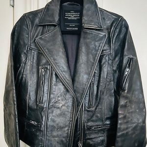 AllSaints Kendall distressed leather motorcycle biker jacket brown/black